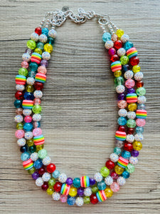 Triple Rainbow Silver Beaded Necklace, Colorful Jewelry, Chunky statement necklace, rainbow jewelry, rainbow baby confetti white ombré