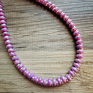 Lavender Purple Porcelain Block Layering Rainbow Beaded 1 Strand Necklace, Colorful Jewelry, Chunky statement jelly bean silver bubble