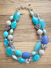 Load image into Gallery viewer, Vacation Blues Beach Necklace, multi strand bright blue jewelry, big beaded chunky necklace, silver royal blue dark statement animal print