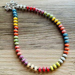 Rainbow Porcelain Block Layering Rainbow Beaded 1 Strand Necklace, Colorful Jewelry, Chunky statement jelly bean confetti silver bubble