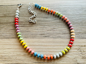 Rainbow Porcelain Block Layering Rainbow Beaded 1 Strand Necklace, Colorful Jewelry, Chunky statement jelly bean confetti silver bubble