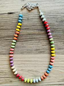 Rainbow Porcelain Block Layering Rainbow Beaded 1 Strand Necklace, Colorful Jewelry, Chunky statement jelly bean confetti silver bubble