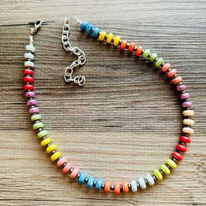 Rainbow Porcelain Block Layering Rainbow Beaded 1 Strand Necklace, Colorful Jewelry, Chunky statement jelly bean confetti silver bubble