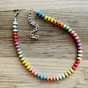 Rainbow Porcelain Block Layering Rainbow Beaded 1 Strand Necklace, Colorful Jewelry, Chunky statement jelly bean confetti silver bubble