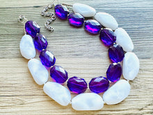 Load image into Gallery viewer, White Purple Necklace, multi strand jewelry, big beaded chunky statement necklace, purple necklace, bridesmaid necklace, bib necklace