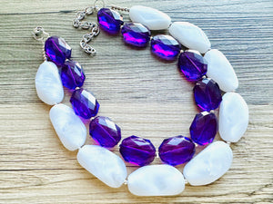White Purple Necklace, multi strand jewelry, big beaded chunky statement necklace, purple necklace, bridesmaid necklace, bib necklace