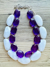 Load image into Gallery viewer, White Purple Necklace, multi strand jewelry, big beaded chunky statement necklace, purple necklace, bridesmaid necklace, bib necklace