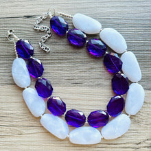 Load image into Gallery viewer, White Purple Necklace, multi strand jewelry, big beaded chunky statement necklace, purple necklace, bridesmaid necklace, bib necklace
