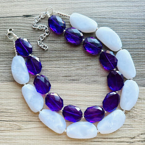 White Purple Necklace, multi strand jewelry, big beaded chunky statement necklace, purple necklace, bridesmaid necklace, bib necklace