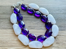 Load image into Gallery viewer, White Purple Necklace, multi strand jewelry, big beaded chunky statement necklace, purple necklace, bridesmaid necklace, bib necklace