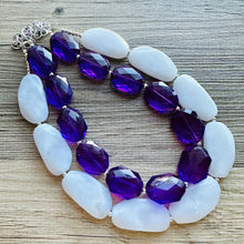Load image into Gallery viewer, White Purple Necklace, multi strand jewelry, big beaded chunky statement necklace, purple necklace, bridesmaid necklace, bib necklace