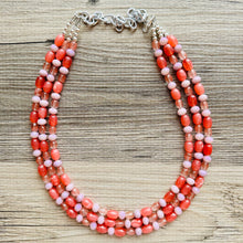 Load image into Gallery viewer, Chunky Multi Strand Grapefruit Statement Necklace, pink coral orange beaded jewelry, jelly necklace, coral jewelry, blush pink dress dressy