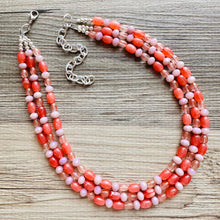 Load image into Gallery viewer, Chunky Multi Strand Grapefruit Statement Necklace, pink coral orange beaded jewelry, jelly necklace, coral jewelry, blush pink dress dressy