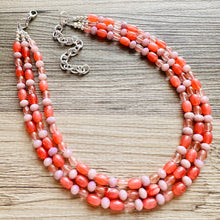 Load image into Gallery viewer, Chunky Multi Strand Grapefruit Statement Necklace, pink coral orange beaded jewelry, jelly necklace, coral jewelry, blush pink dress dressy