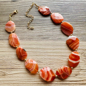 Natural carnelian Beaded 1 strand Statement Necklace, Chunky Bib Single Jewelry Light orange stone jewelry, gemstone layering red cream gold