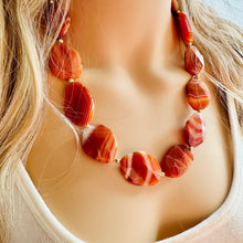 Load image into Gallery viewer, Natural carnelian Beaded 1 strand Statement Necklace, Chunky Bib Single Jewelry Light orange stone jewelry, gemstone layering red cream gold