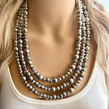 Load image into Gallery viewer, Reflecting Pool Silver Chunky Statement Necklace, Big beaded jewelry, Gray 3 Strand Statement Necklace, Bib necklace winter mirror silver
