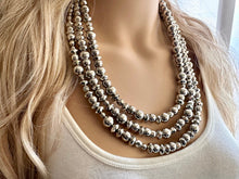 Load image into Gallery viewer, Reflecting Pool Silver Chunky Statement Necklace, Big beaded jewelry, Gray 3 Strand Statement Necklace, Bib necklace winter mirror silver