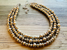 Load image into Gallery viewer, Reflecting Pool Silver Chunky Statement Necklace, Big beaded jewelry, Gray 3 Strand Statement Necklace, Bib necklace winter mirror silver