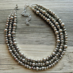 Reflecting Pool Silver Chunky Statement Necklace, Big beaded jewelry, Gray 3 Strand Statement Necklace, Bib necklace winter mirror silver