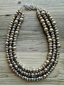 Reflecting Pool Silver Chunky Statement Necklace, Big beaded jewelry, Gray 3 Strand Statement Necklace, Bib necklace winter mirror silver