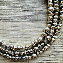 Load image into Gallery viewer, Reflecting Pool Silver Chunky Statement Necklace, Big beaded jewelry, Gray 3 Strand Statement Necklace, Bib necklace winter mirror silver