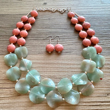 Load image into Gallery viewer, Coral Crackle Aquarium Statement Necklace, big Beaded Chunky Jewelry, Double Strand wedding everyday dress necklace, pink jewelry silver