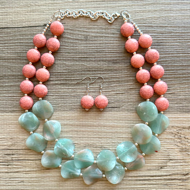 Coral Crackle Aquarium Statement Necklace, big Beaded Chunky Jewelry, Double Strand wedding everyday dress necklace, pink jewelry silver