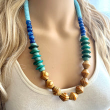 Load image into Gallery viewer, Vintage Wood + Glass Beaded long necklace, neutral beaded statement necklace, everyday gem stone chunky layering necklace blue turquoise