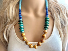 Load image into Gallery viewer, Vintage Wood + Glass Beaded long necklace, neutral beaded statement necklace, everyday gem stone chunky layering necklace blue turquoise