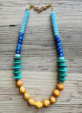 Load image into Gallery viewer, Vintage Wood + Glass Beaded long necklace, neutral beaded statement necklace, everyday gem stone chunky layering necklace blue turquoise