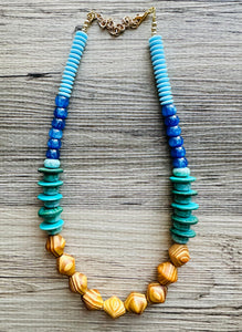 Vintage Wood + Glass Beaded long necklace, neutral beaded statement necklace, everyday gem stone chunky layering necklace blue turquoise