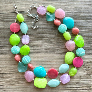 Spring Storm Green & Pink Necklace, multi strand colorful jewelry, big beaded chunky statement set necklace bubble everyday lime mint