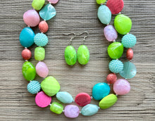 Load image into Gallery viewer, Spring Storm Green &amp; Pink Necklace, multi strand colorful jewelry, big beaded chunky statement set necklace bubble everyday lime mint