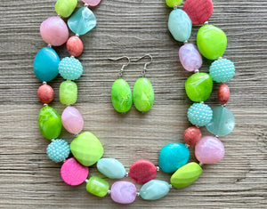 Spring Storm Green & Pink Necklace, multi strand colorful jewelry, big beaded chunky statement set necklace bubble everyday lime mint