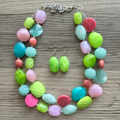 Spring Storm Green & Pink Necklace, multi strand colorful jewelry, big beaded chunky statement set necklace bubble everyday lime mint