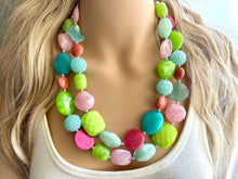Load image into Gallery viewer, Spring Storm Green &amp; Pink Necklace, multi strand colorful jewelry, big beaded chunky statement set necklace bubble everyday lime mint