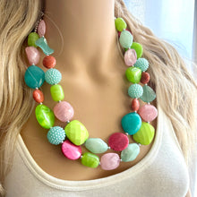 Load image into Gallery viewer, Spring Storm Green &amp; Pink Necklace, multi strand colorful jewelry, big beaded chunky statement set necklace bubble everyday lime mint