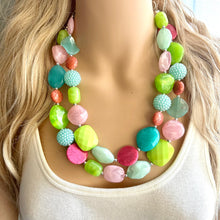 Load image into Gallery viewer, Spring Storm Green &amp; Pink Necklace, multi strand colorful jewelry, big beaded chunky statement set necklace bubble everyday lime mint