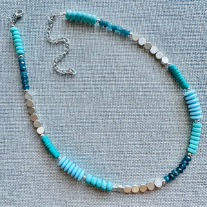 Vintage Silver Glass Beaded long necklace, neutral beaded statement necklace, everyday gem stone chunky layering necklace blue turquoise