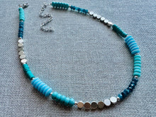 Load image into Gallery viewer, Vintage Silver Glass Beaded long necklace, neutral beaded statement necklace, everyday gem stone chunky layering necklace blue turquoise