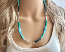 Load image into Gallery viewer, Vintage Silver Glass Beaded long necklace, neutral beaded statement necklace, everyday gem stone chunky layering necklace blue turquoise