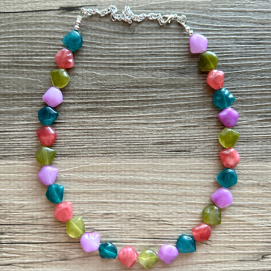 Oceanside Jewels Coral Chunky Statement Necklace, Multi-Strand Beaded Jewelry pink, bridesmaid wedding blue olive green purple