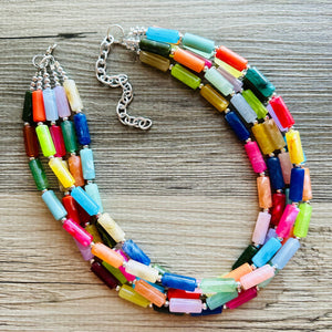 Rainbow Necklace, 5 Strand Statement Jewelry, Colorful Chunky bib bridesmaid or everyday bubble jewelry, acrylic beaded resin bead