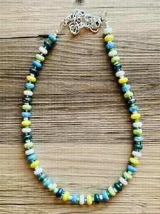 Ocean Green Porcelain Block Layering Rainbow Beaded 1 Strand Necklace, Colorful Jewelry, Chunky statement lime, jelly bean confetti blue