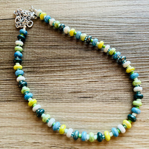 Ocean Green Porcelain Block Layering Rainbow Beaded 1 Strand Necklace, Colorful Jewelry, Chunky statement lime, jelly bean confetti blue