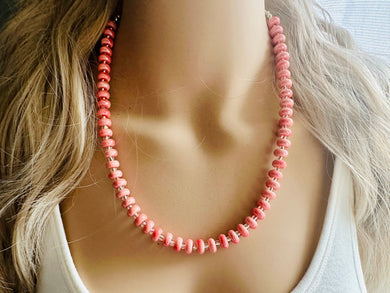 Coral Porcelain Block Layering Rainbow Beaded 1 Strand Necklace, Colorful Jewelry, Chunky statement necklace, jelly bean peach silver