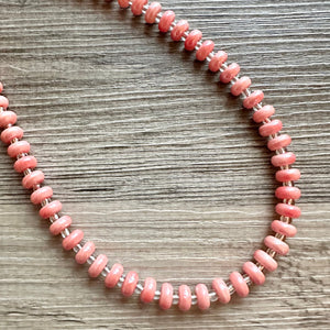 Coral Porcelain Block Layering Rainbow Beaded 1 Strand Necklace, Colorful Jewelry, Chunky statement necklace, jelly bean peach silver