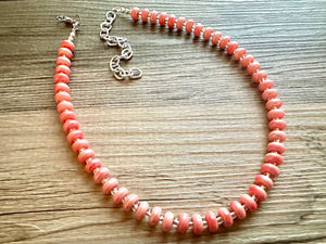 Coral Porcelain Block Layering Rainbow Beaded 1 Strand Necklace, Colorful Jewelry, Chunky statement necklace, jelly bean peach silver