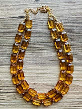 Load image into Gallery viewer, Light Brown &amp; Clear Necklace, double strand jewelry, big beaded chunky statement necklace, bridesmaid necklace olive green resin beads